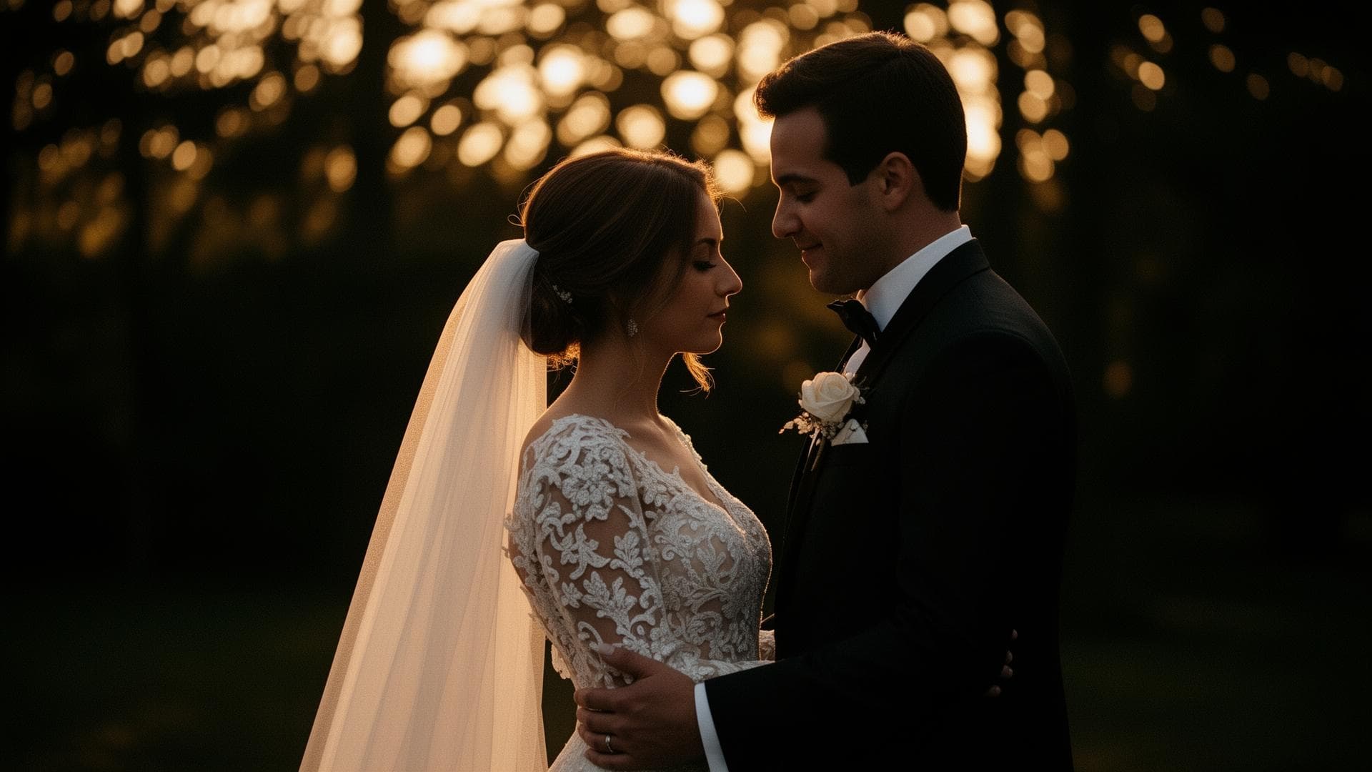A bride and groom in golden hour light